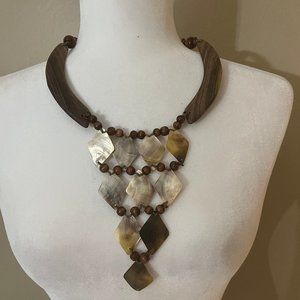 Wood and Shell Brown Tan Beaded Bib Necklace Adjustable NEW